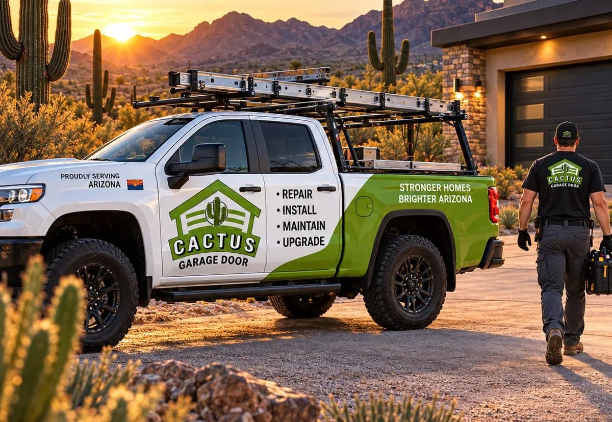 Cactus Garage Door Repair van on an Arizona driveway at sunset