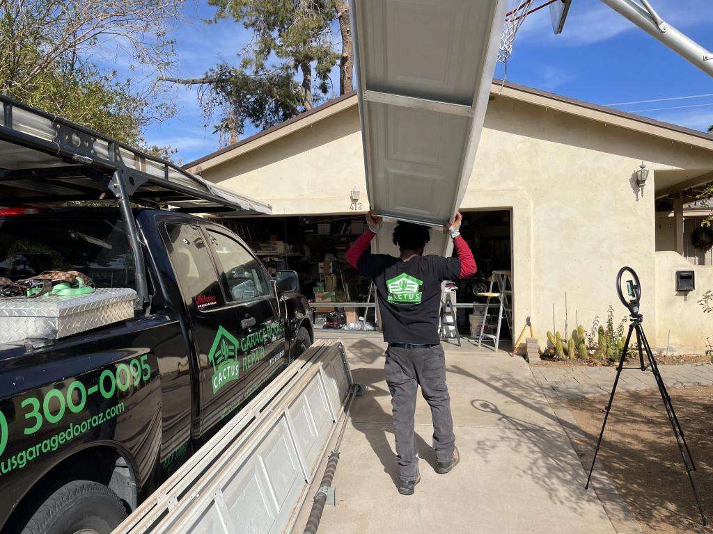 Almond short panel two-car garage installation in Tempe